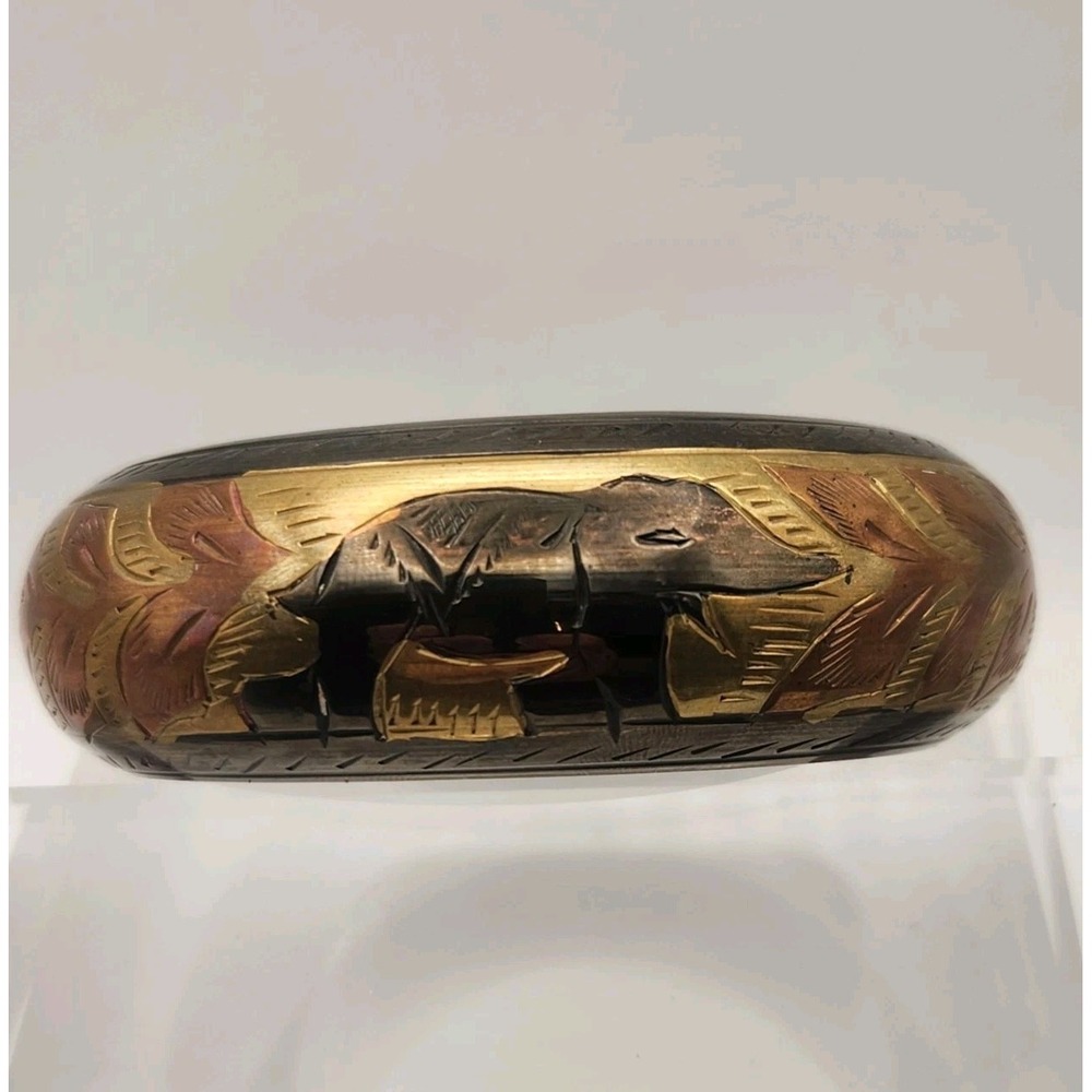 Vintage Brass Bangle Bracelet Elephant & Leaf Motif Engraved Gold Copper Black